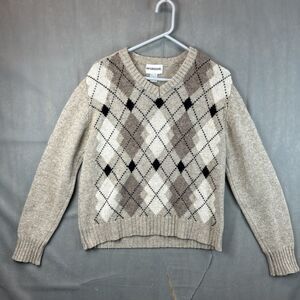 VTG 90s McGregor Mens Geometric Pattern V Neck Sweater Large Tan Beige Black